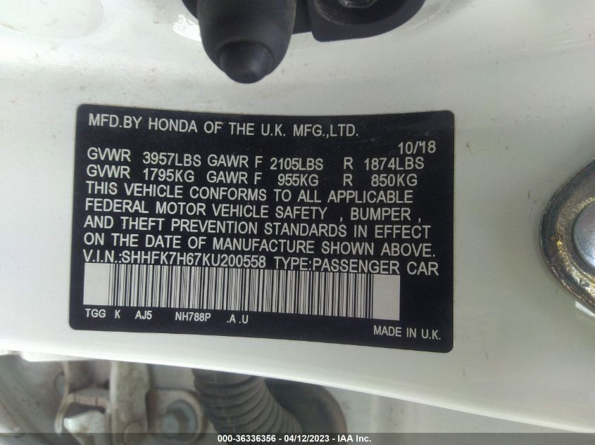 2019 HONDA CIVIC HATCHBACK EX - SHHFK7H67KU200558