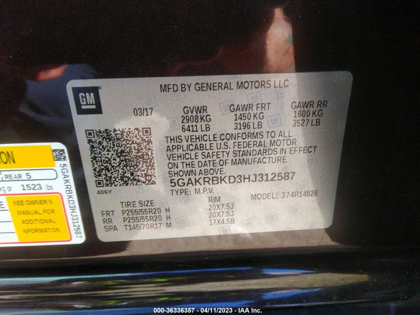 2017 BUICK ENCLAVE LEATHER - 5GAKRBKD3HJ312587