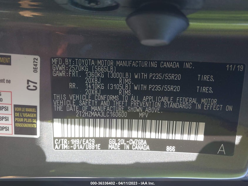 VIN 2T2HZMAA3LC160600 2020 LEXUS RX RX 350
