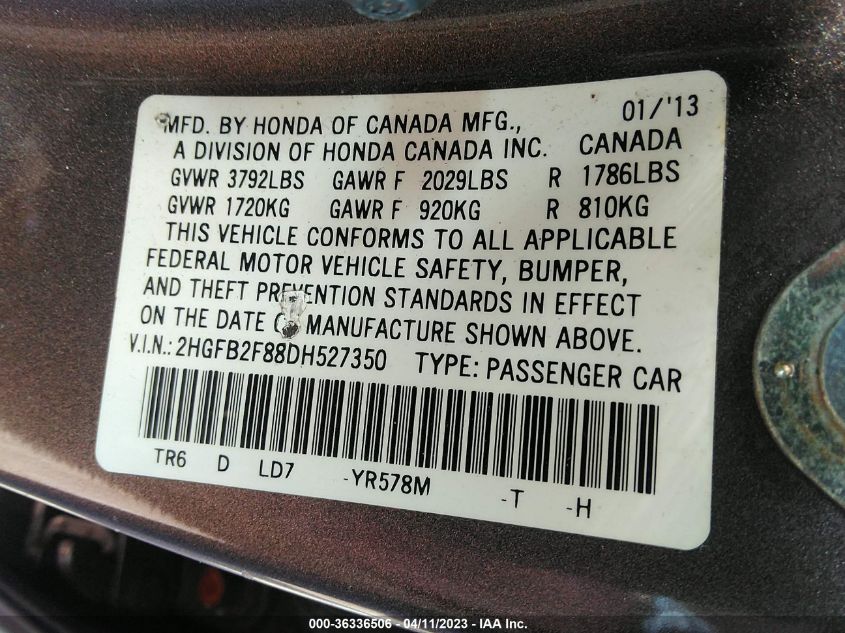 2013 HONDA CIVIC SDN EX - 2HGFB2F88DH527350