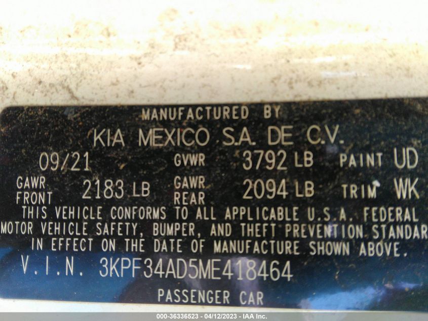 2021 KIA FORTE GT-LINE - 3KPF34AD5ME418464