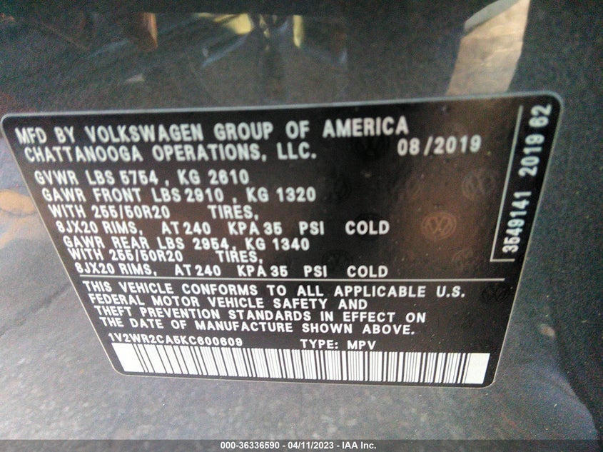 VIN 1V2WR2CA5KC600609 2019 VOLKSWAGEN ATLAS 3.6L V6 SE W/TECHNOLOGY