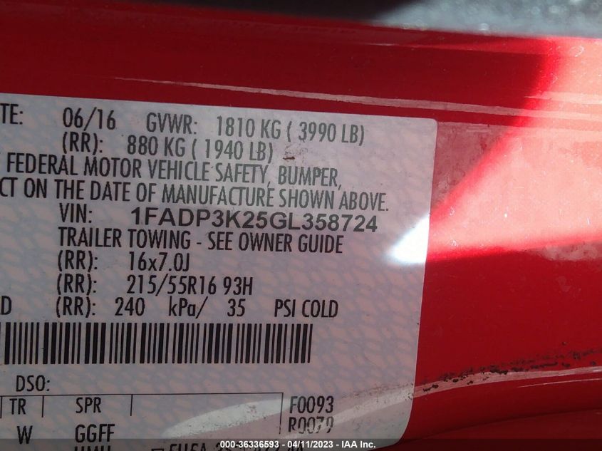 2016 FORD FOCUS SE - 1FADP3K25GL358724