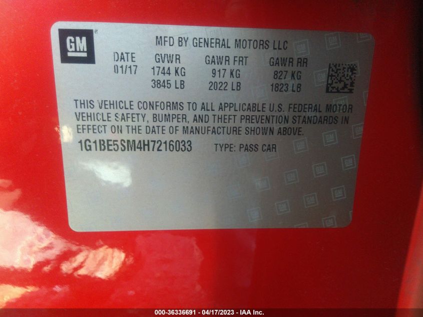 2017 CHEVROLET CRUZE LT - 1G1BE5SM4H7216033