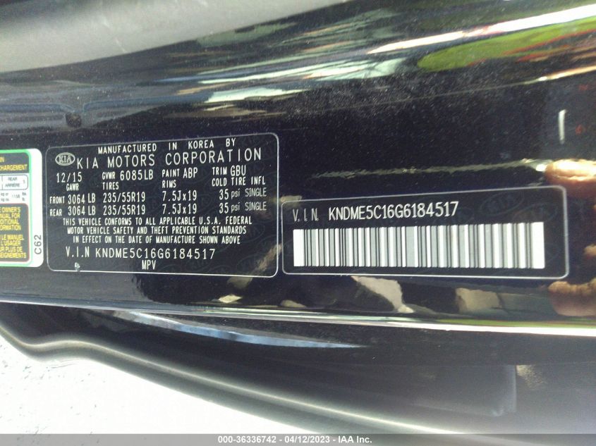 2016 KIA SEDONA SX-L - KNDME5C16G6184517
