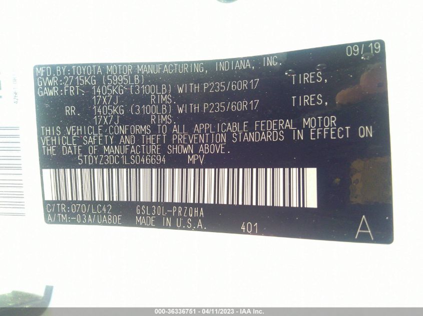 2020 TOYOTA SIENNA XLE AUTO ACCESS - 5TDYZ3DC1LS046694