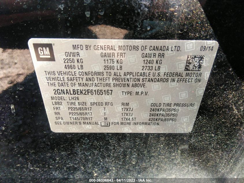 2015 CHEVROLET EQUINOX LT - 2GNALBEK2F6165167