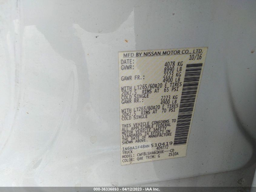 2017 NISSAN TITAN XD SV 1N6BA1F48HN510419