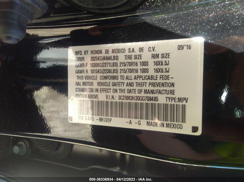 2016 HONDA CR-V LX - 3CZRM3H30GG708485