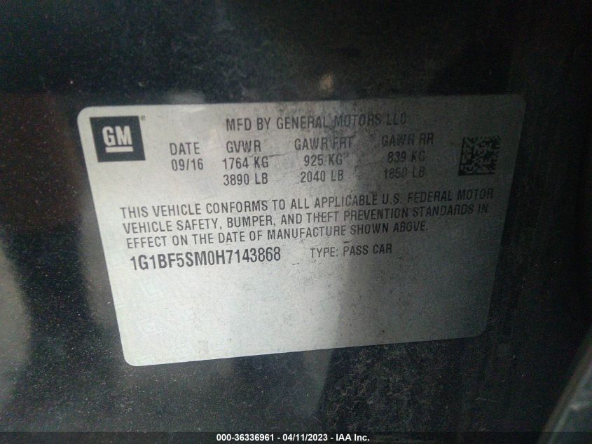 2017 CHEVROLET CRUZE PREMIER - 1G1BF5SM0H7143868