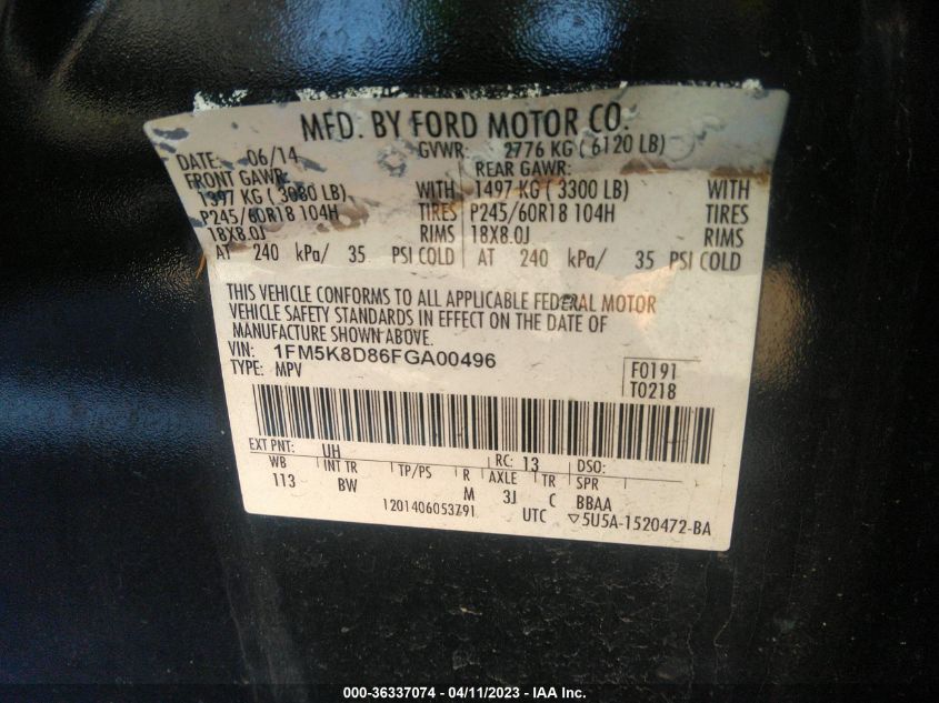 2015 FORD EXPLORER XLT - 1FM5K8D86FGA00496