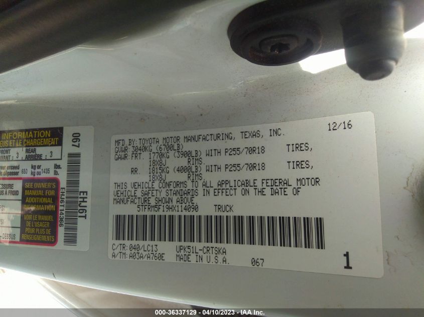 2017 TOYOTA TUNDRA 2WD SR/SR5 - 5TFRM5F19HX114090