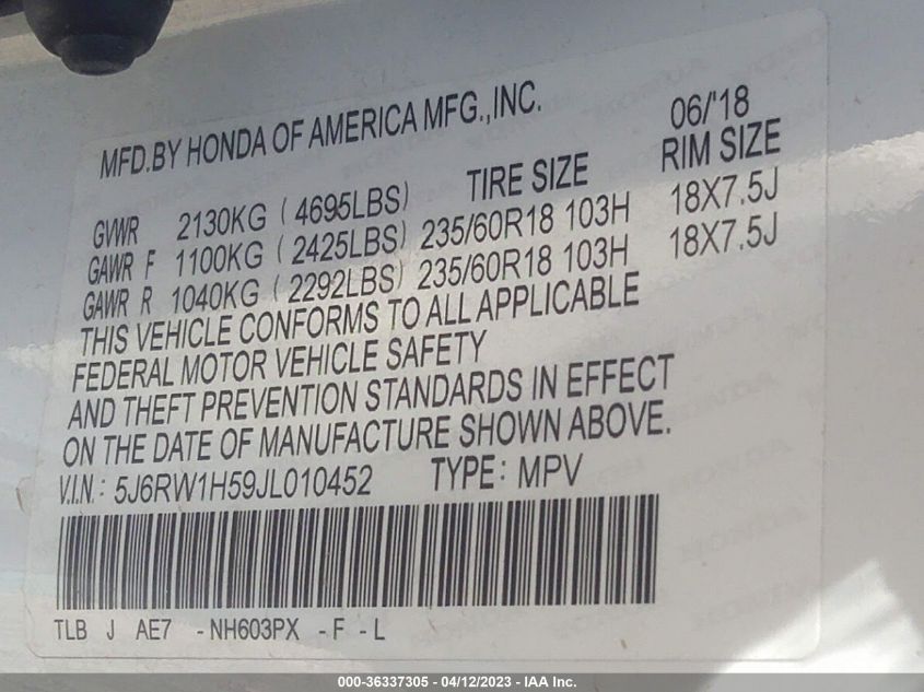 2018 HONDA CR-V EX - 5J6RW1H59JL010452