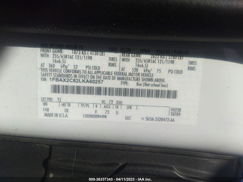 2020 FORD TRANSIT PASSENGER WAGON XL/XLT 1FBAX2C82LKA60257