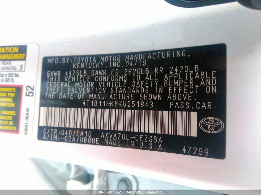 2019 TOYOTA CAMRY LE/SE/XLE/L - 4T1B11HK8KU251843