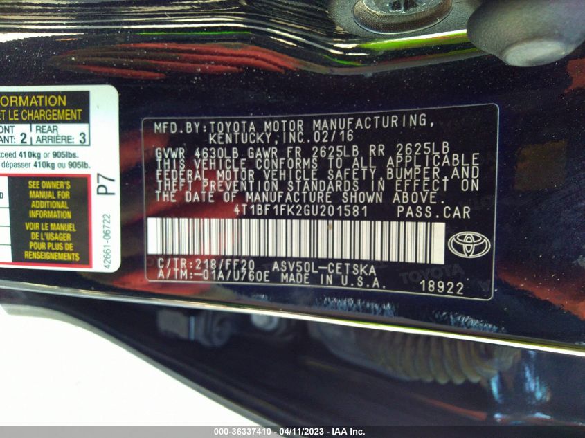 2016 TOYOTA CAMRY SE - 4T1BF1FK2GU201581