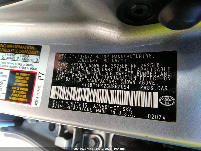 2016 TOYOTA CAMRY XLE/SE/LE/XSE - 4T1BF1FK2GU267094