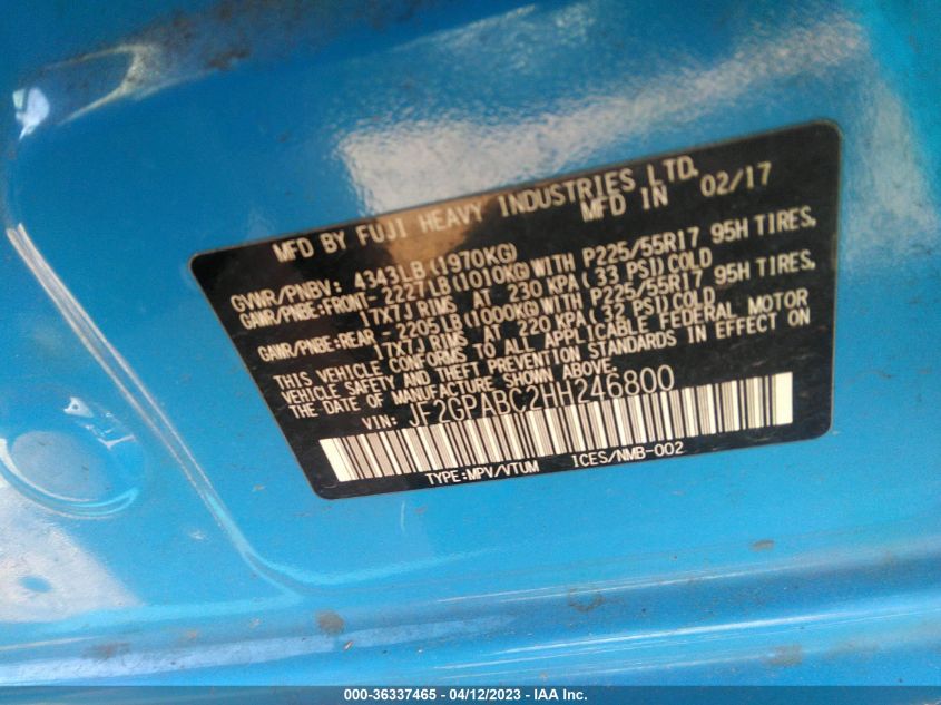 2017 SUBARU CROSSTREK PREMIUM - JF2GPABC2HH246800