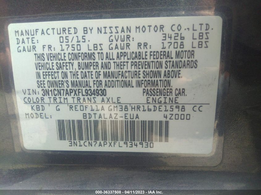 2015 NISSAN VERSA S PLUS - 3N1CN7APXFL934930