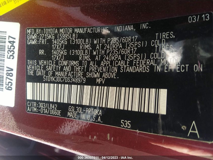2013 TOYOTA SIENNA XLE AAS/XLE/LTD - 5TDYK3DC7DS348979