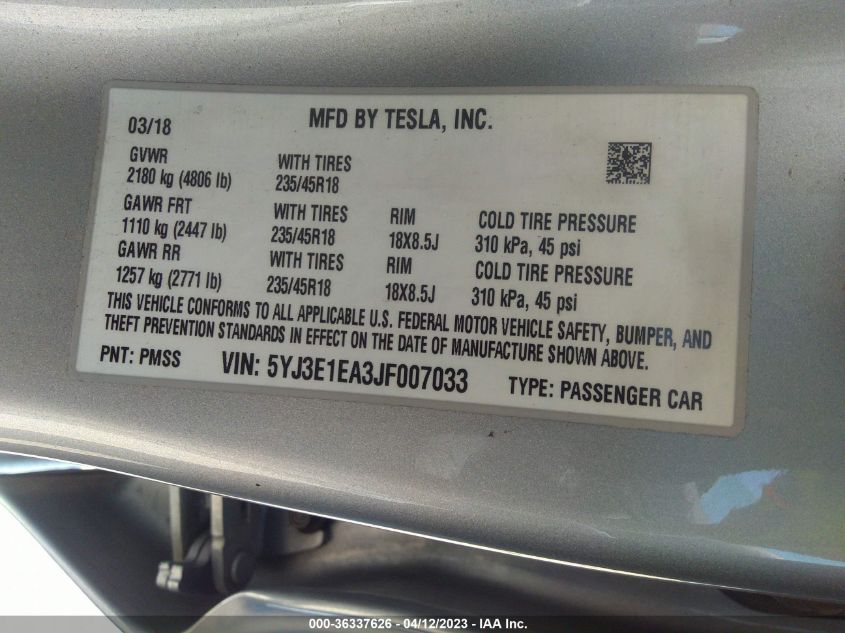 2018 TESLA MODEL 3 RANGE BATTERY - 5YJ3E1EA3JF007033