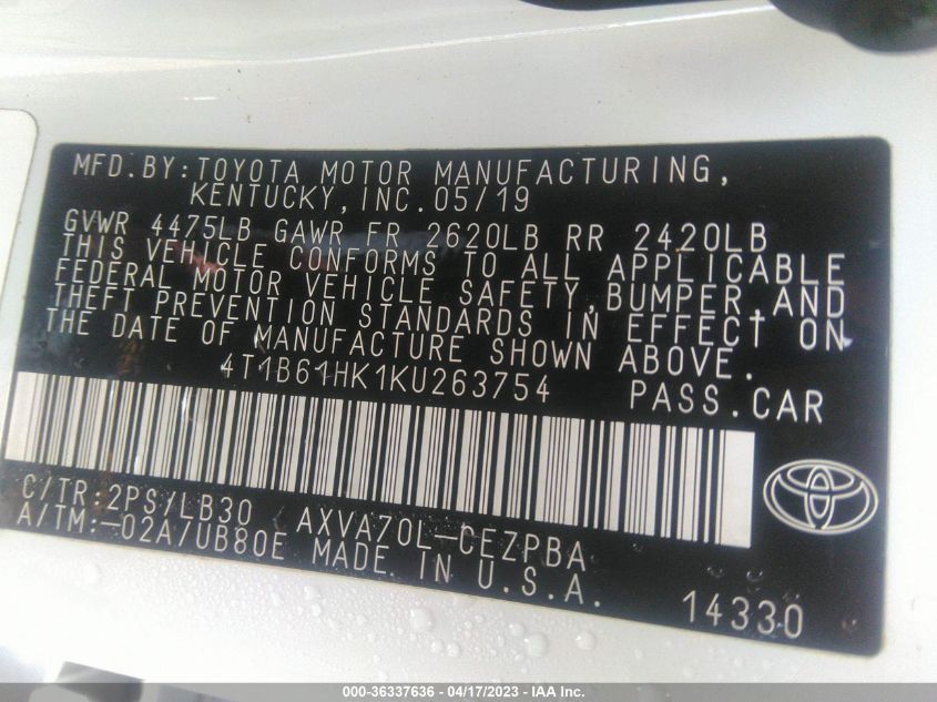 2019 TOYOTA CAMRY XSE - 4T1B61HK1KU263754