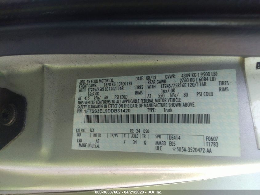 2013 FORD ECONOLINE CARGO VAN COMMERCIAL/RECREATIONAL 1FTSS3EL9DDB31420
