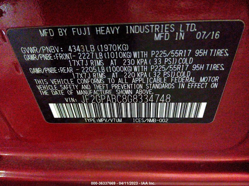 2016 SUBARU CROSSTREK PREMIUM - JF2GPABC8G8334748