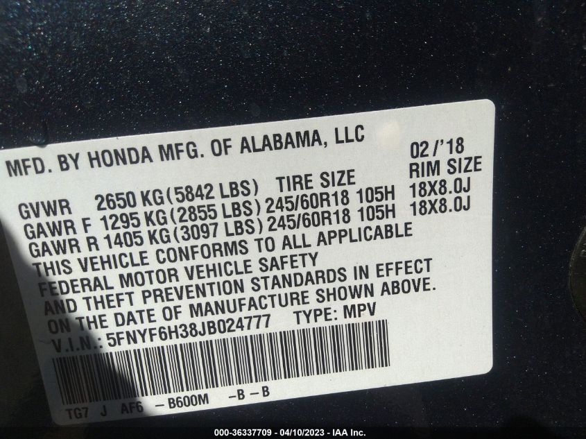 2018 HONDA PILOT EX - 5FNYF6H38JB024777