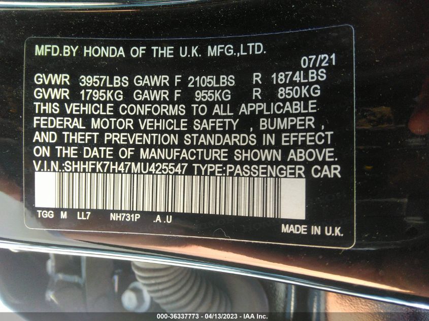 2021 HONDA CIVIC HATCHBACK SPORT - SHHFK7H47MU425547