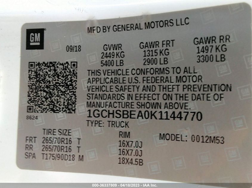2019 CHEVROLET COLORADO 2WD WORK TRUCK - 1GCHSBEA0K1144770