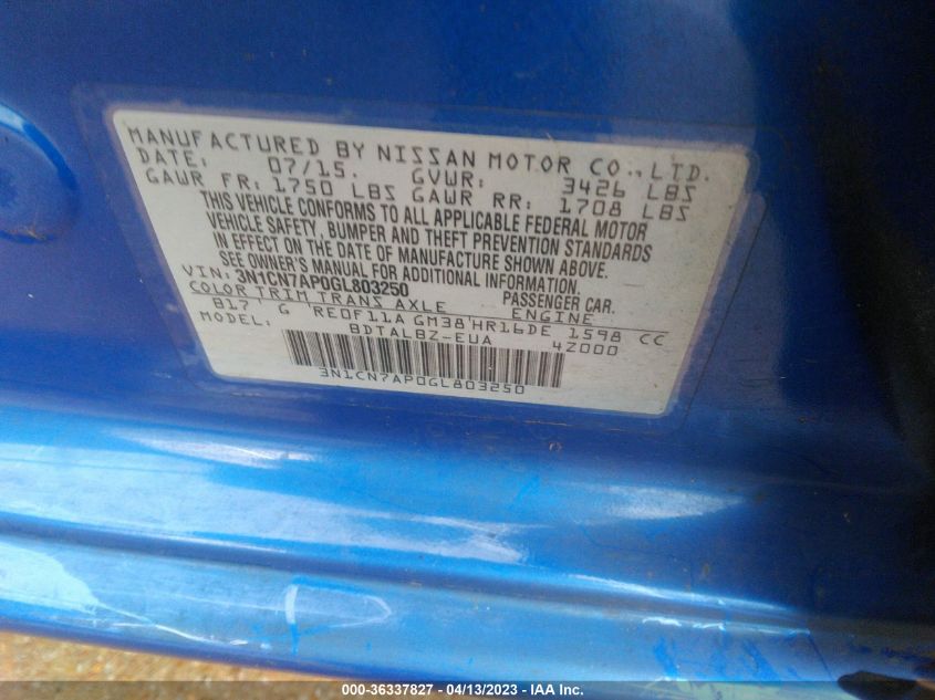 2016 NISSAN VERSA S/S PLUS/SL/SV - 3N1CN7AP0GL803250