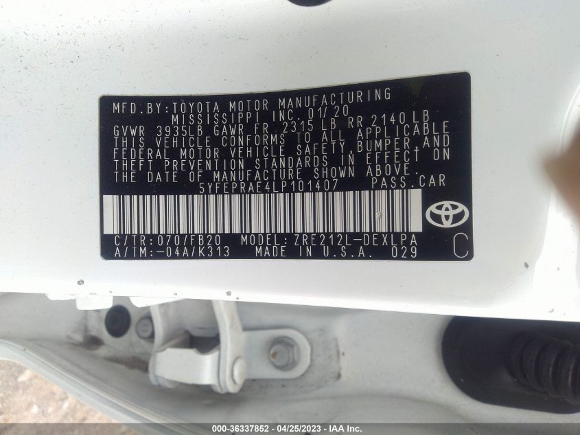 2020 TOYOTA COROLLA LE - 5YFEPRAE4LP101407