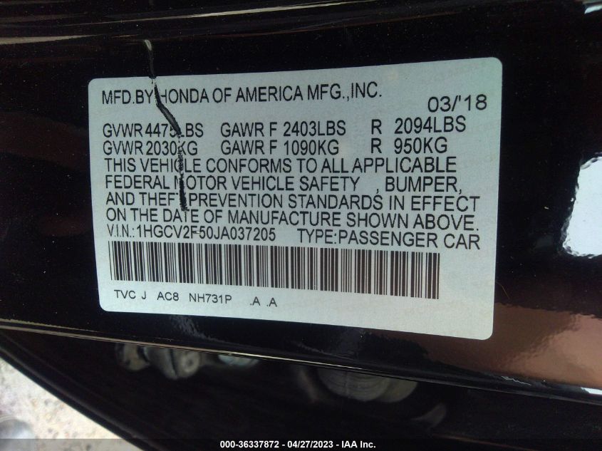 2018 HONDA ACCORD SEDAN EX-L 2.0T - 1HGCV2F50JA037205