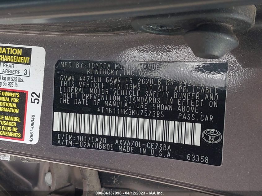 2019 TOYOTA CAMRY LE/SE/XLE/L - 4T1B11HK3KU757385