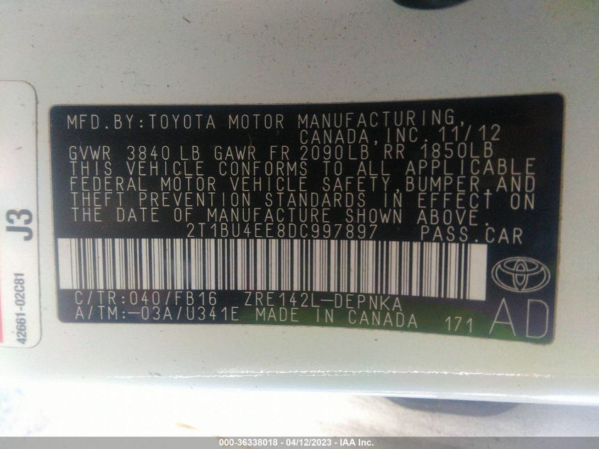 2013 TOYOTA COROLLA L/LE/S - 2T1BU4EE8DC997897