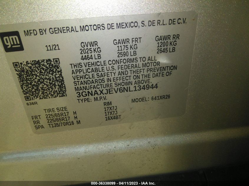 2022 CHEVROLET EQUINOX LT - 3GNAXJEV6NL134944
