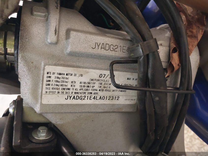 2020 YAMAHA WR250 R JYADG21E4LA012312