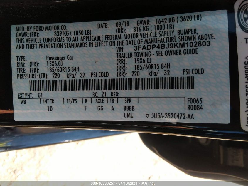 2019 FORD FIESTA SE - 3FADP4BJ9KM102803
