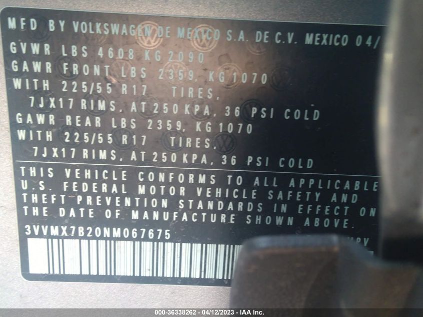 2022 VOLKSWAGEN TAOS S - 3VVMX7B20NM067675