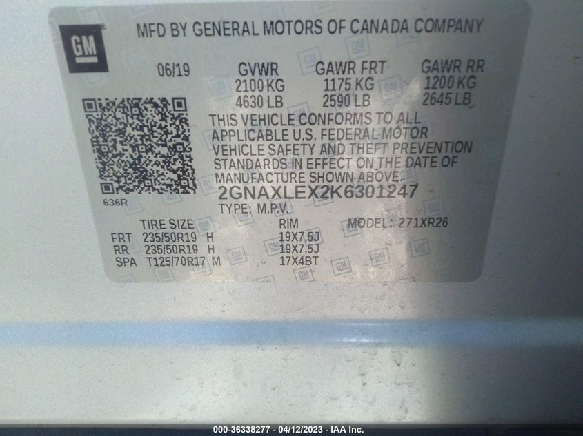VIN 2GNAXLEX2K6301247 2019 CHEVROLET EQUINOX LT