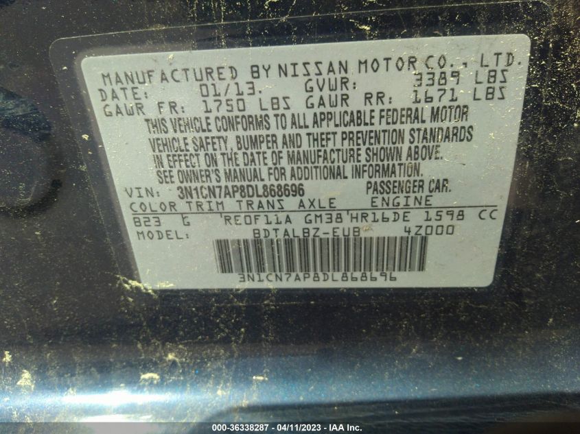 2013 NISSAN VERSA SV - 3N1CN7AP8DL868696