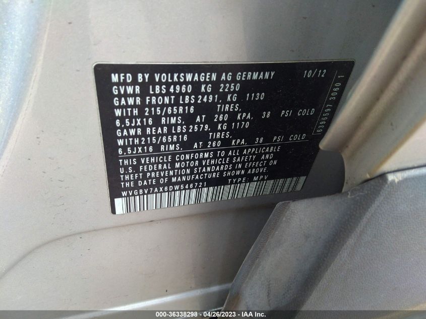 2013 VOLKSWAGEN TIGUAN S - WVGBV7AX6DW546721