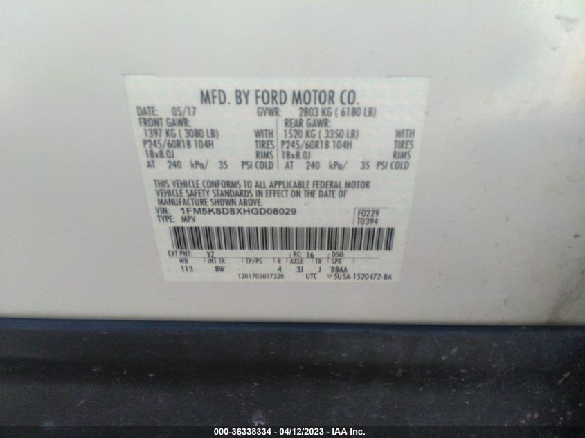 2017 FORD EXPLORER XLT - 1FM5K8D8XHGD08029