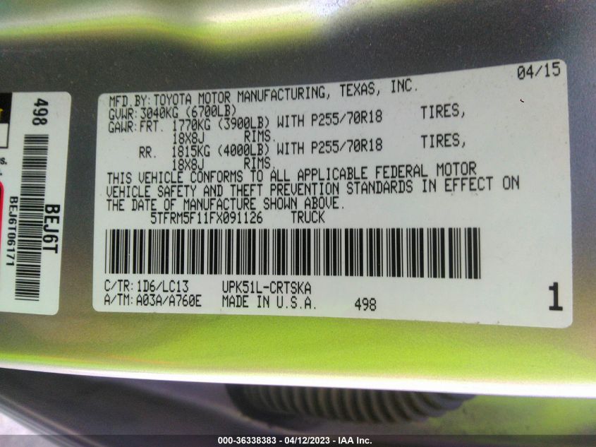 2015 TOYOTA TUNDRA 2WD TRUCK SR/SR5 - 5TFRM5F11FX091126