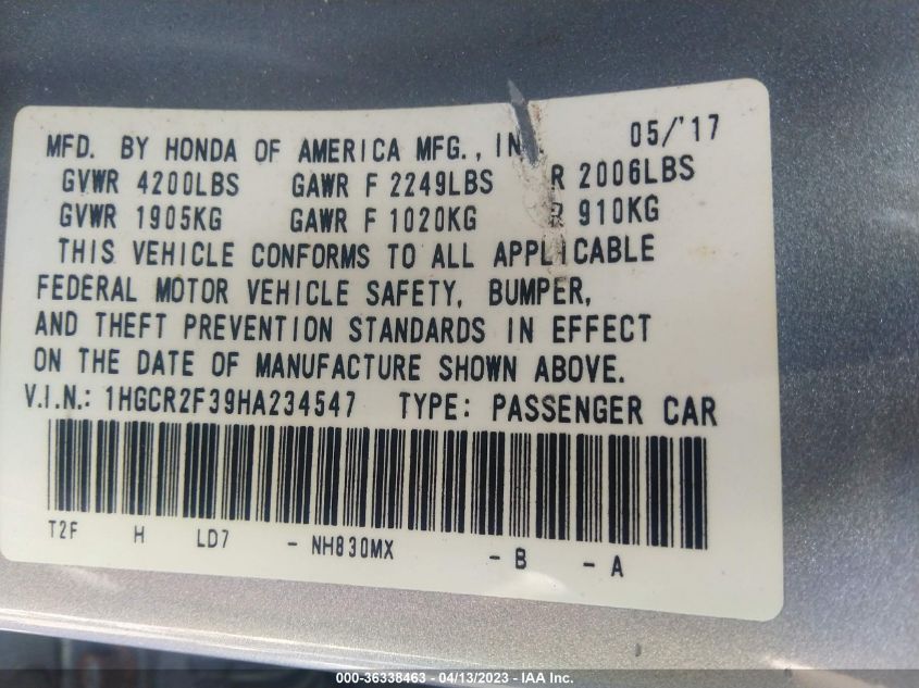 2017 HONDA ACCORD SEDAN LX - 1HGCR2F39HA234547