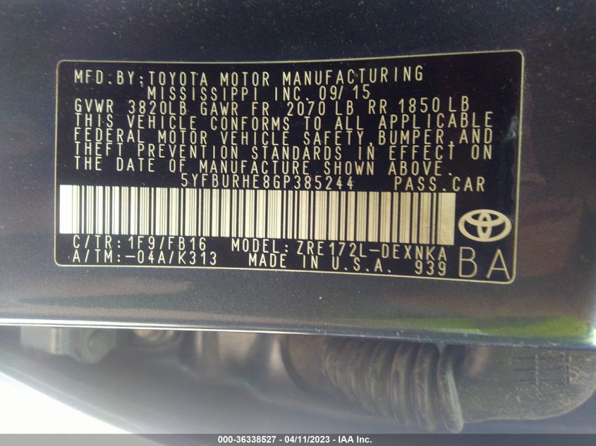 2016 TOYOTA COROLLA L/LE/S/S PLUS/LE PLUS - 5YFBURHE8GP385244