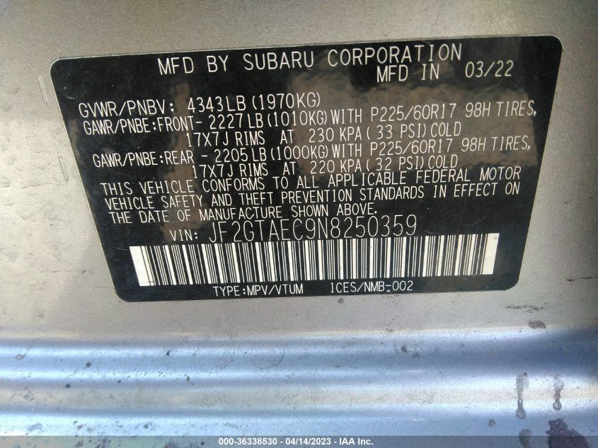 2022 SUBARU CROSSTREK PREMIUM - JF2GTAEC9N8250359