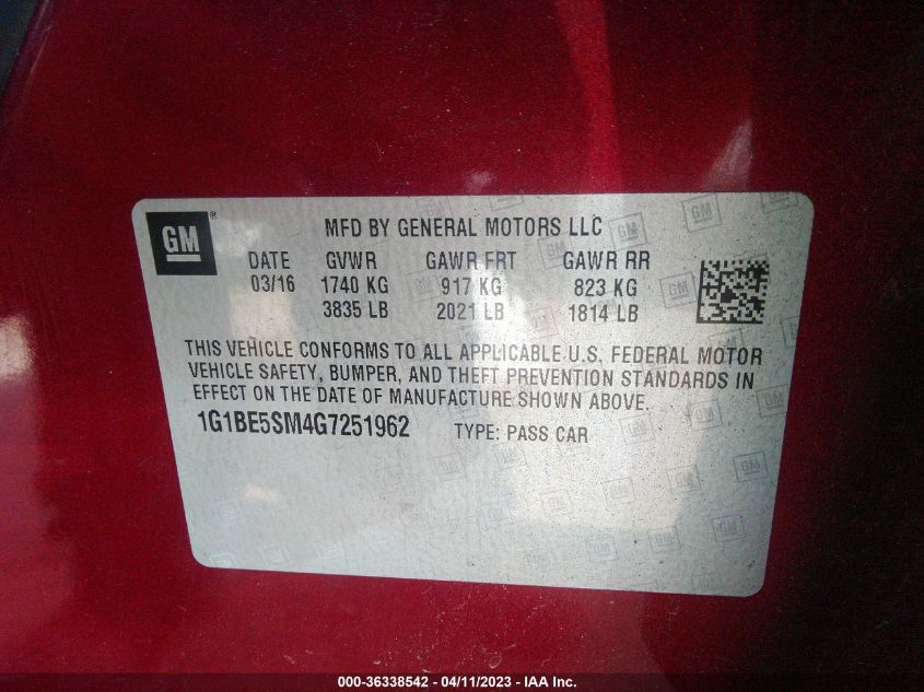 2016 CHEVROLET CRUZE LT - 1G1BE5SM4G7251962
