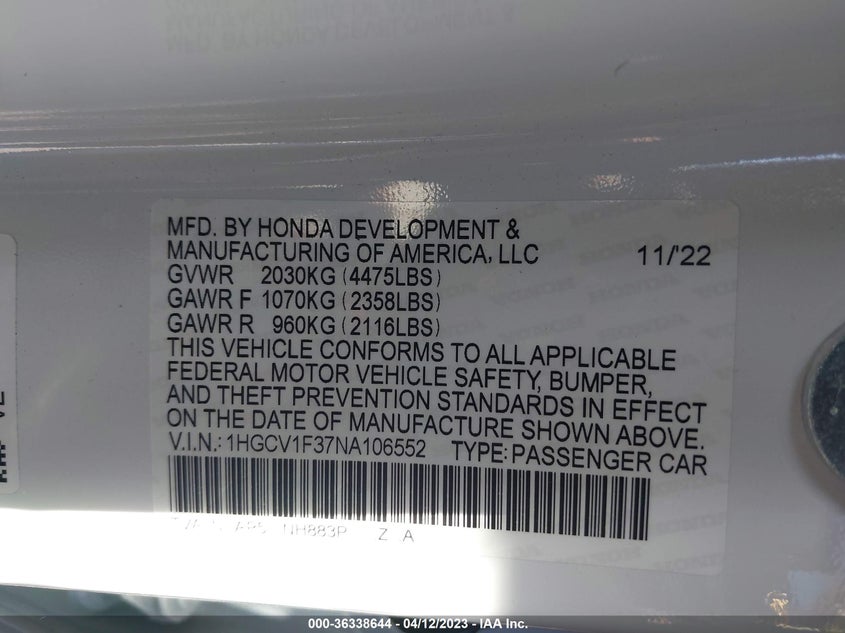 VIN 1HGCV1F37NA106552 2022 HONDA ACCORD SEDAN SPORT